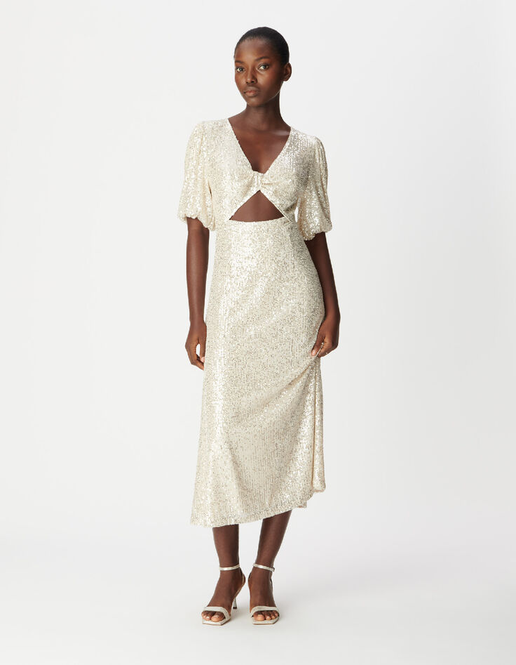 Vestido dorado lentejuelas con lazo Mujer-2