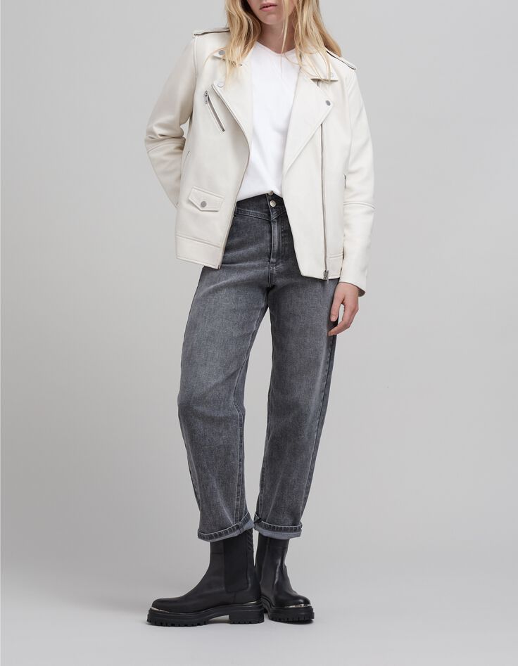 Veste cuir écru esprit motard poches zippées Femme-6