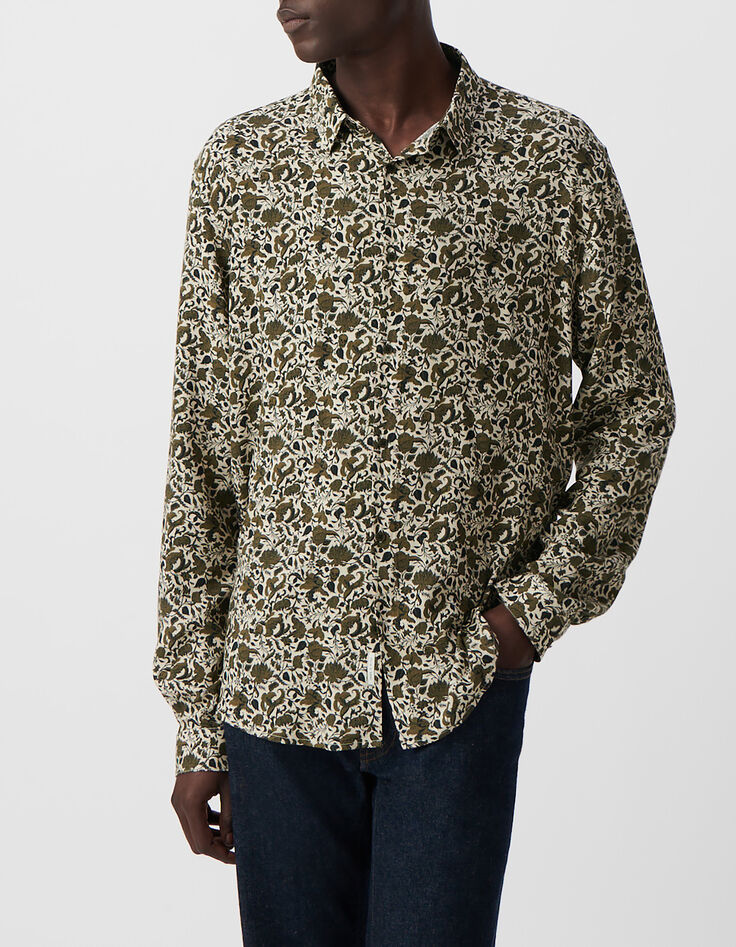 Men&rsquo;s khaki SLIM shirt with floral skull print-2