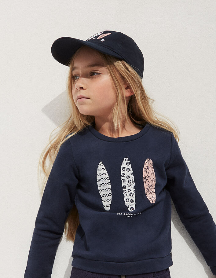 Girls’ navy sweatshirt, 3 surfboards + embroidered back - IKKS