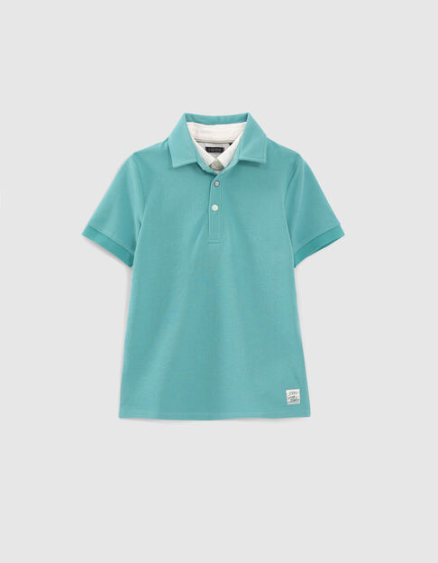 Boys’ turquoise polo shirt with trompe-l'oeil shirt collar