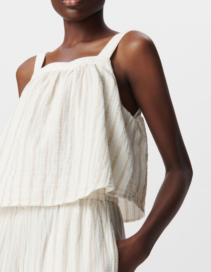 Ecru jumpsuit katoengaas met beige strepen-4
