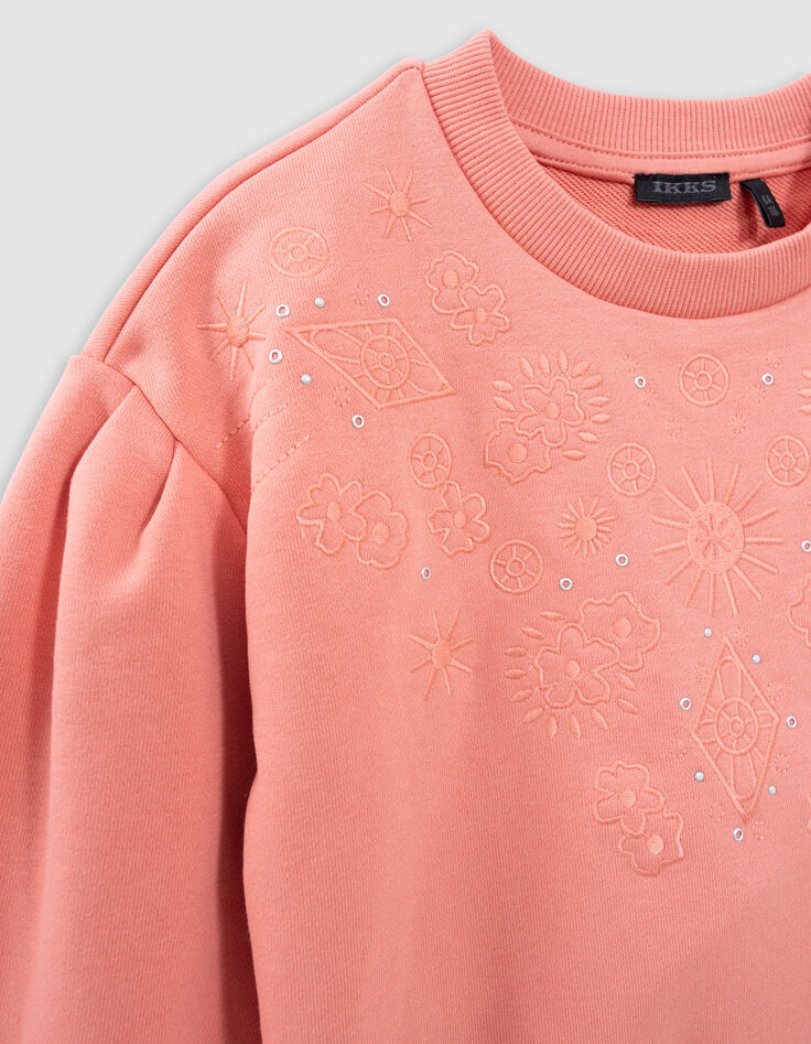 Sweat rose décor broderies et oeillets fille-7