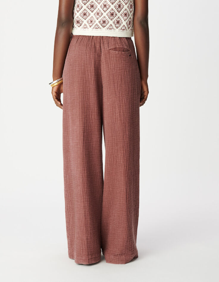 Pantalon large bordeaux gaze de coton Femme-4