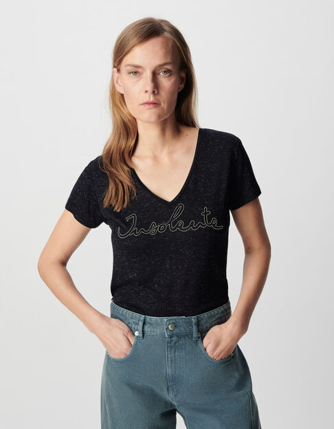 Women's navy lurex micro-bead embroidered message tee-shirt - IKKS