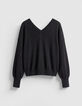 Pull col V noir tricot 100% laine boutons strass dos Femme-2