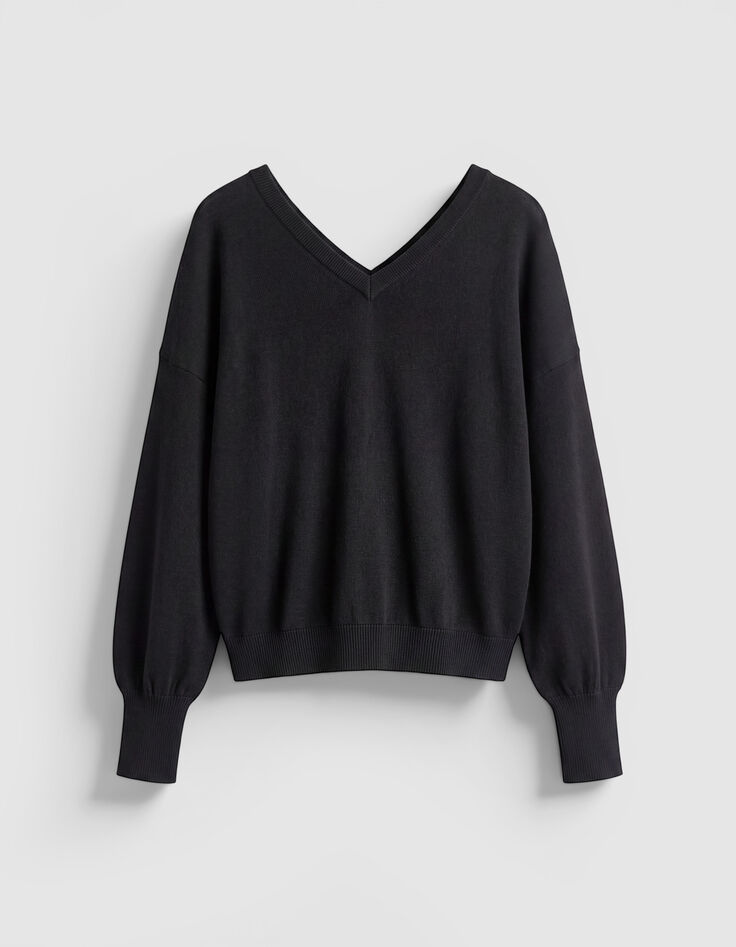 Pull col V noir tricot 100% laine boutons strass dos Femme-2