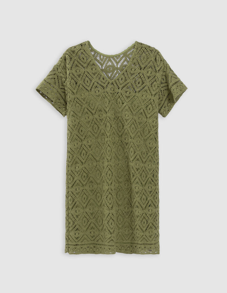 Mujer verde de algodón orgánico de encaje de ganchillo vestido corto-6