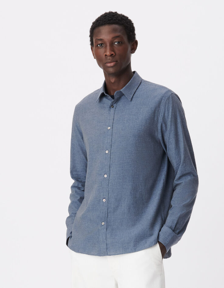 Camisa azul de manga larga, lisa, regular fit-3