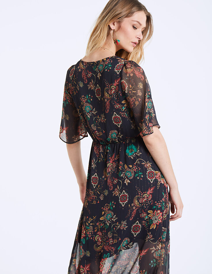 Robe longue col V en voile imprimé floral métallisé-3