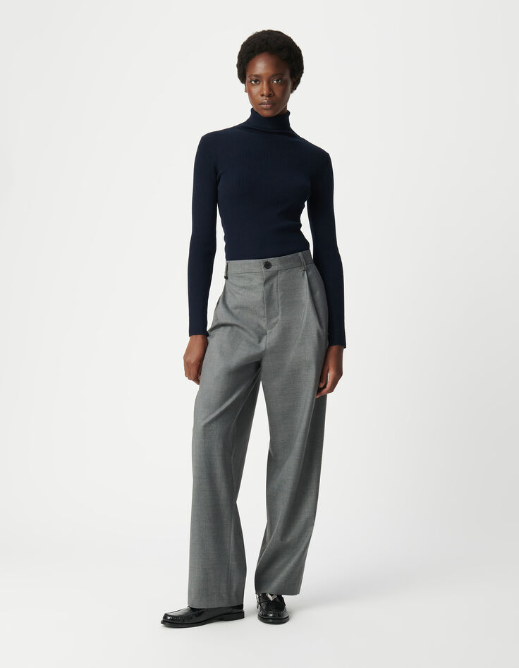 Jersey de cuello alto de canalé negro para mujer-1