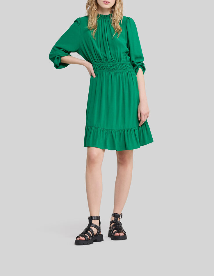 Robe verte upcyclée col collerette Femme-1