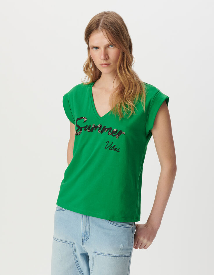 Green V-neck T-shirt with slogan-2
