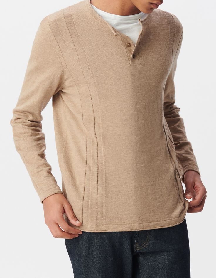 Men&rsquo;s beige organic cotton fine knit button-neck sweater-2