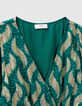 Robe longue émeraude imprimé feuilles dorées Femme-6