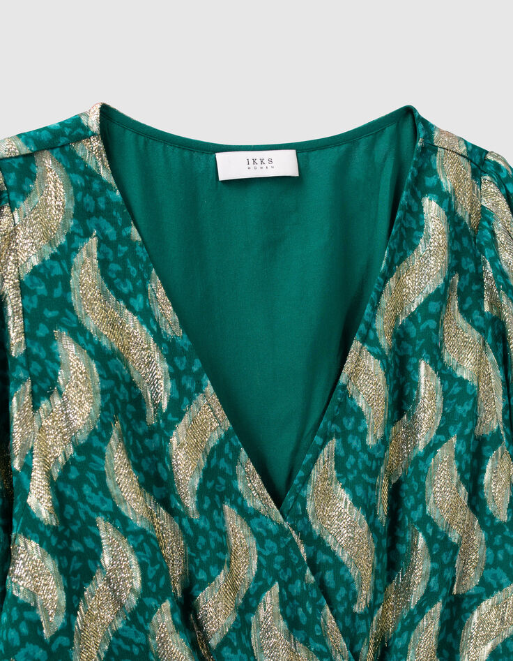 Robe longue émeraude imprimé feuilles dorées Femme-6