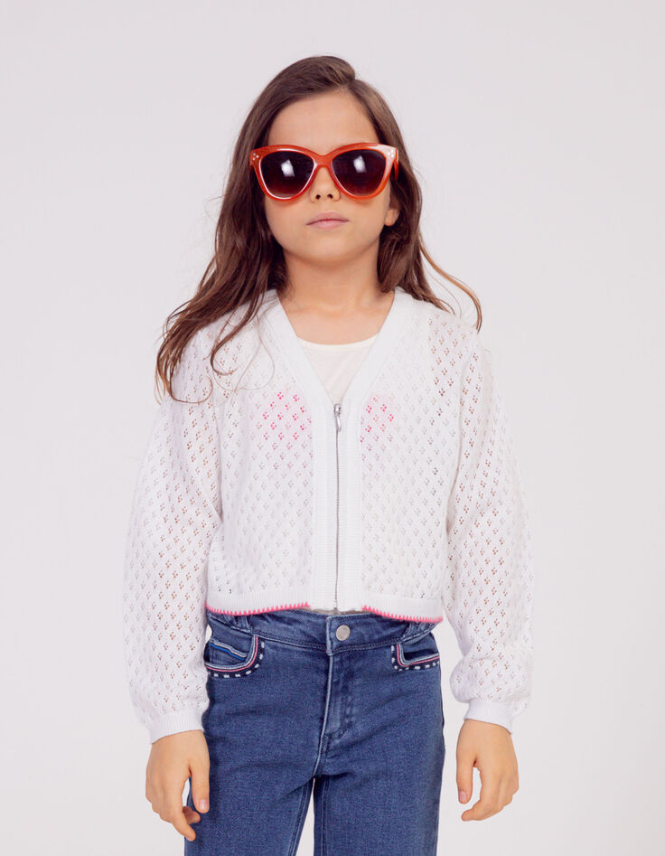 Cardigan écru tricot ajouré zippé fille-1