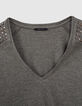 T-shirt kaki en jersey et lurex détails studs femme-2