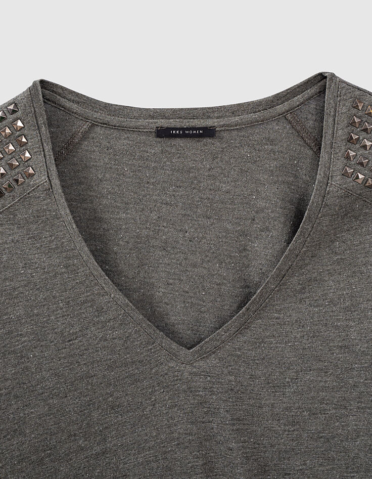 T-shirt kaki en jersey et lurex détails studs femme-2