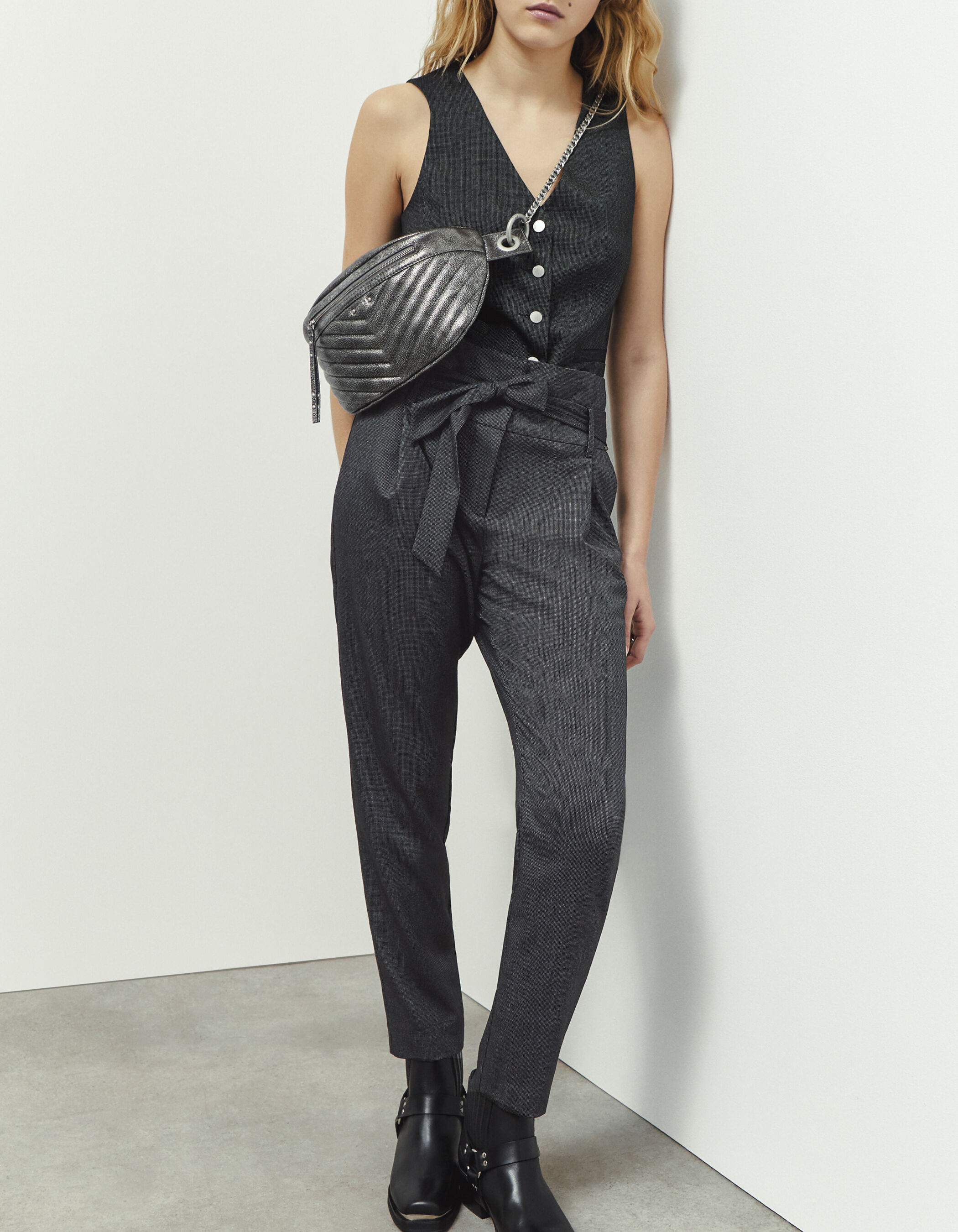 Pantalon de tailleur taille haute en fil fil gris femme