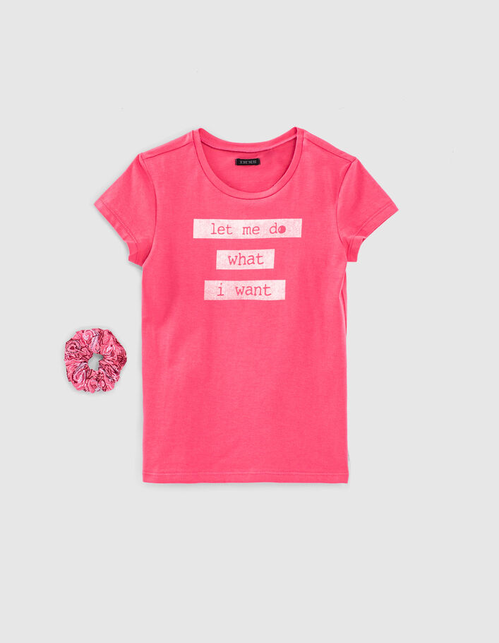 Girls’ fuchsia organic cotton slogan T-shirt + scrunchie - IKKS