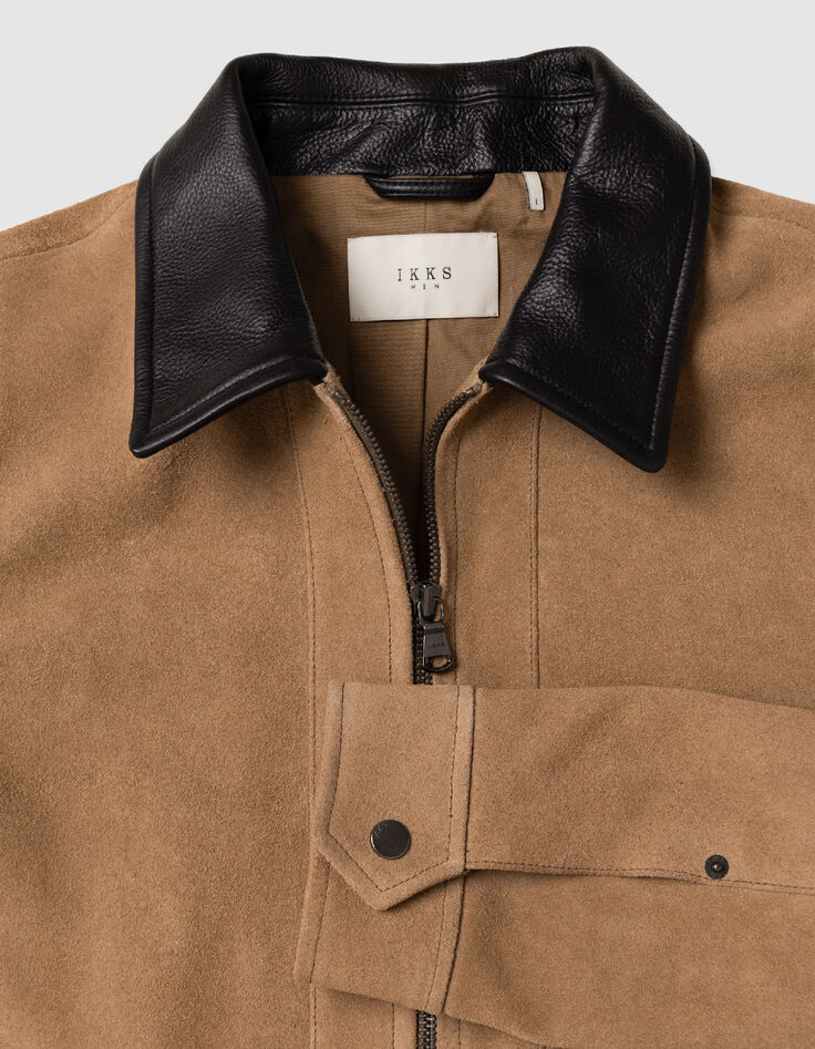 Beiger Velourslederjacke schwarzer Kragen-6