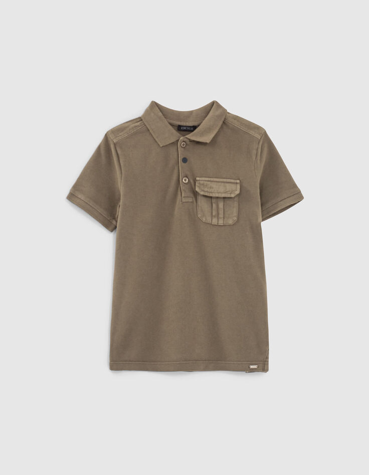 Boys’ dark khaki letter embroidery organic polo shirt-1 Boys’ dark khaki letter embroidery organic polo shirt-1