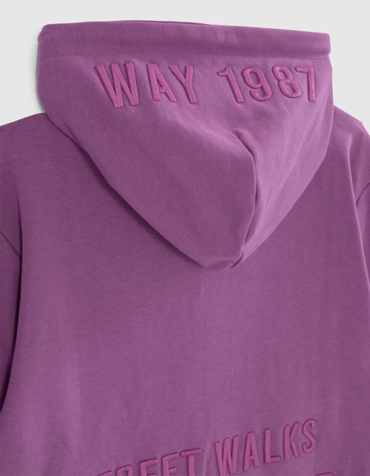 Cárdigan violeta maxi mensaje bordado detrás niño-7