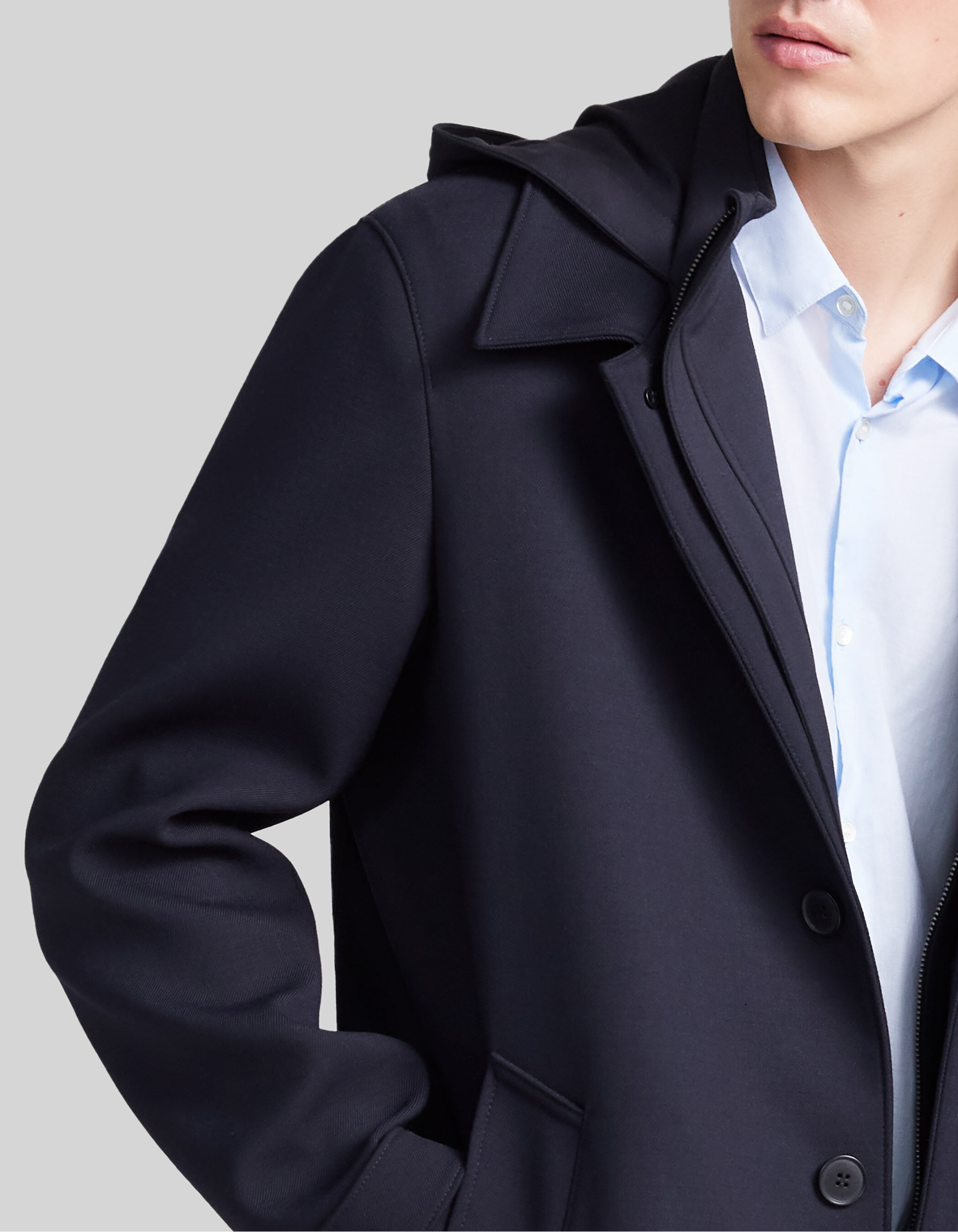 Men s navy trench coat with detachable hood facing