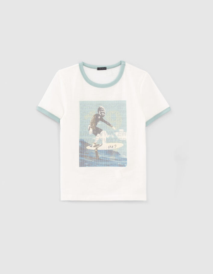 Boys’ white T-shirt with surfer under rubber stripes - IKKS