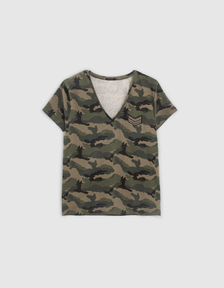 Women’s khaki camouflage T-shirt with badge-6