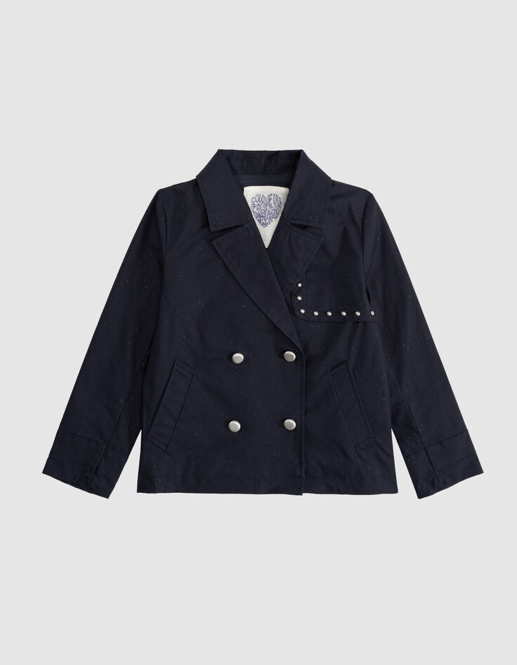 Marineblauer kurzer Mädchen-Trenchcoat mit Glitzer-2