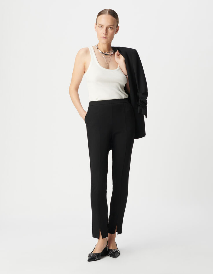 Women's slim-fit black twill trousers with front slit-1