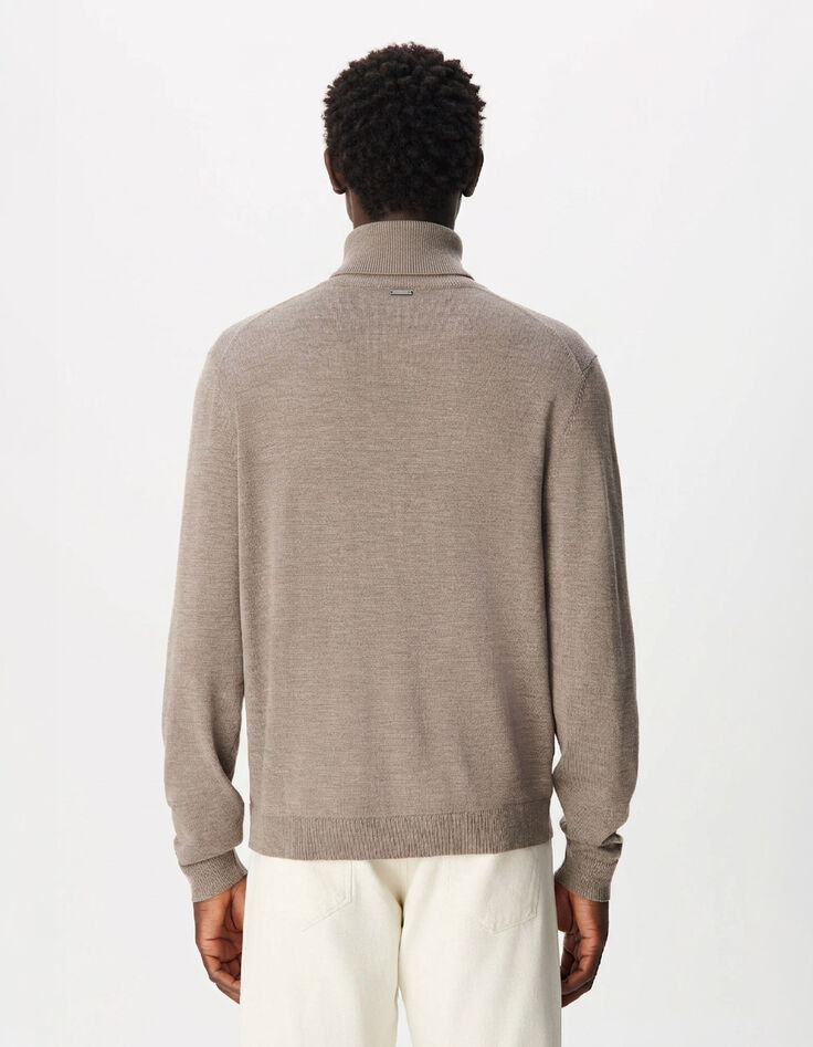Pull col roul&eacute; beige tricot 100% laine Homme-3