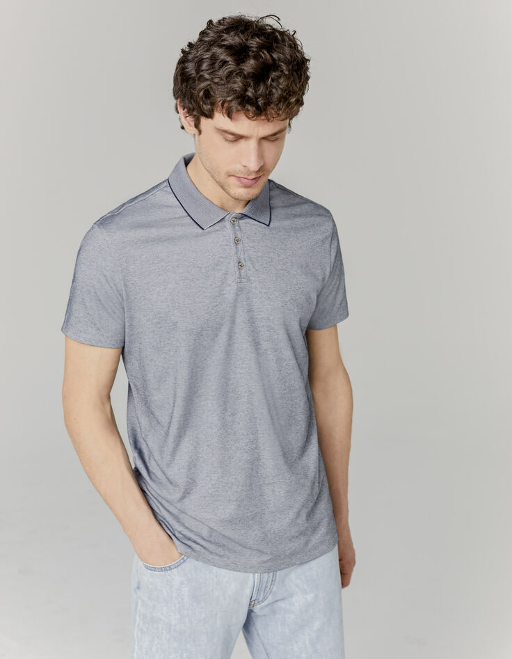 Polo marine chiné à col jacquard Homme-1