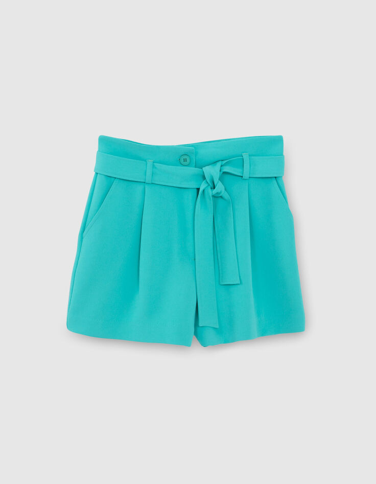 Azuurblauwe short hoge taille met riem Dames-6