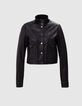 Bomber de piel negra recortada para mujer-6