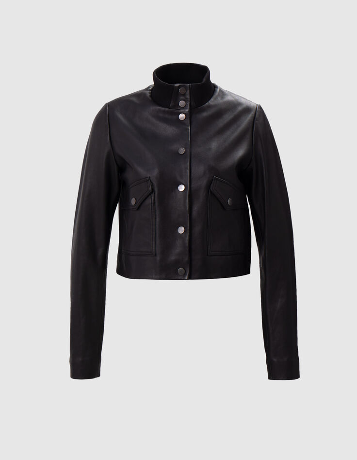 Bomber de piel negra recortada para mujer-6