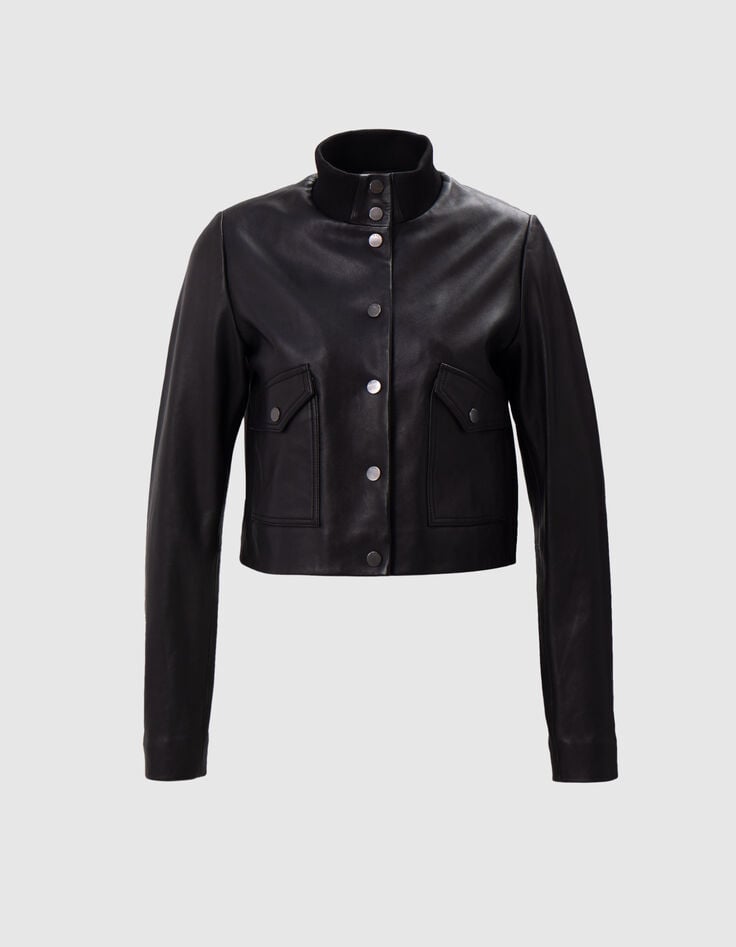 Bomber de piel negra recortada para mujer-6 Bomber de piel negra recortada para mujer-6