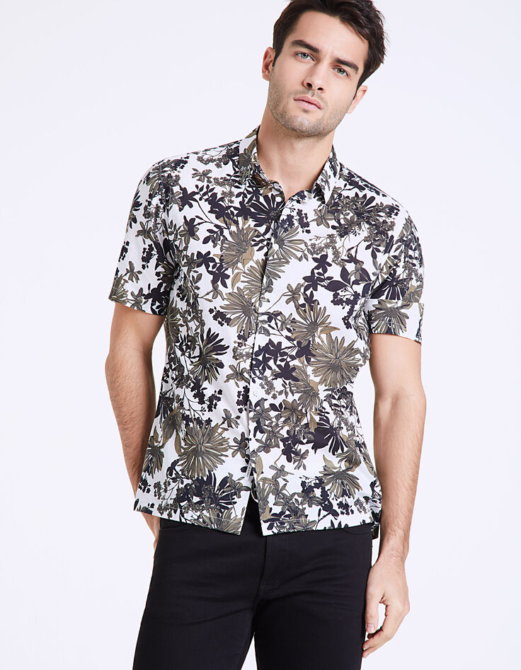 Chemise regular imprimée fleurs kaki manches courtes Homme-4