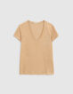 Tee-shirt champagne encolure V maille lin irisée Femme-1