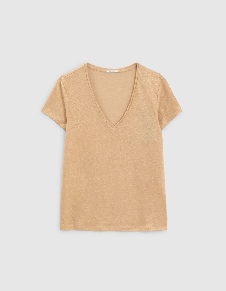 Tee-shirt champagne encolure V maille lin irisée Femme-1