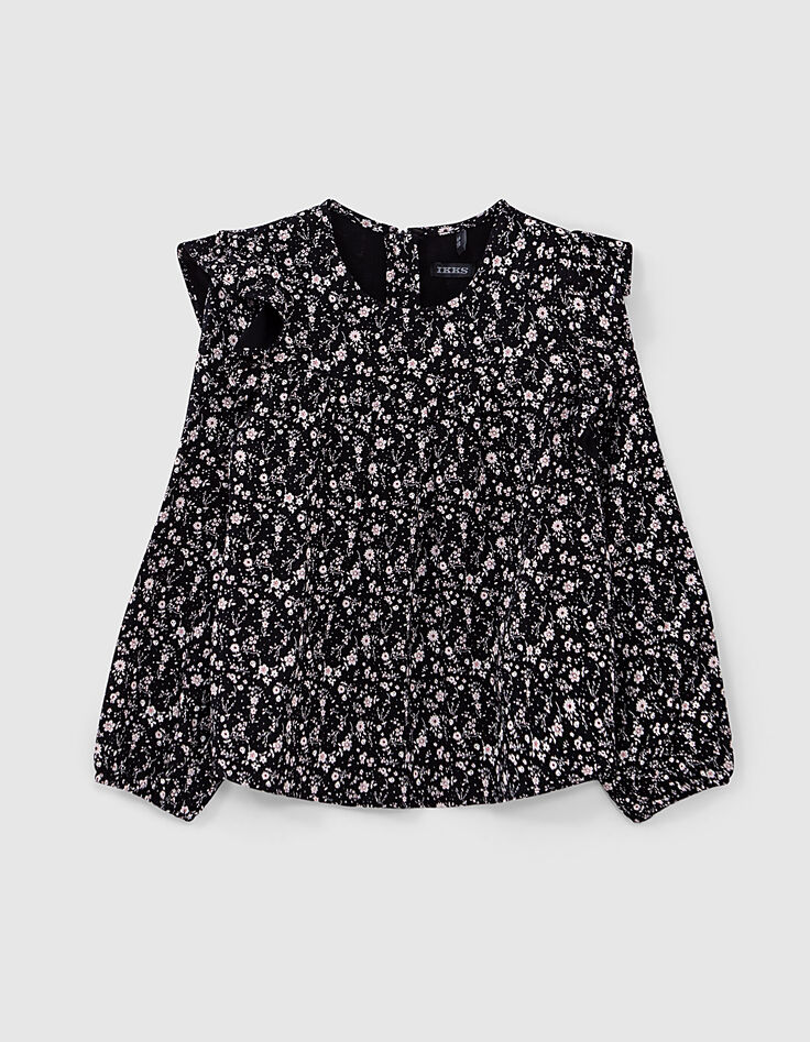 Girls&rsquo; black flower print ruffled blouse-1