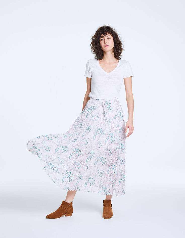 Jupe longue plissée en voile imprimé tropical-6