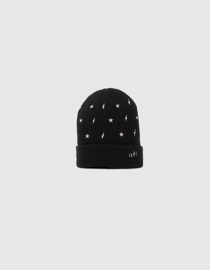 Gorro negro punto bordados estrellas rayos dorados niña-1