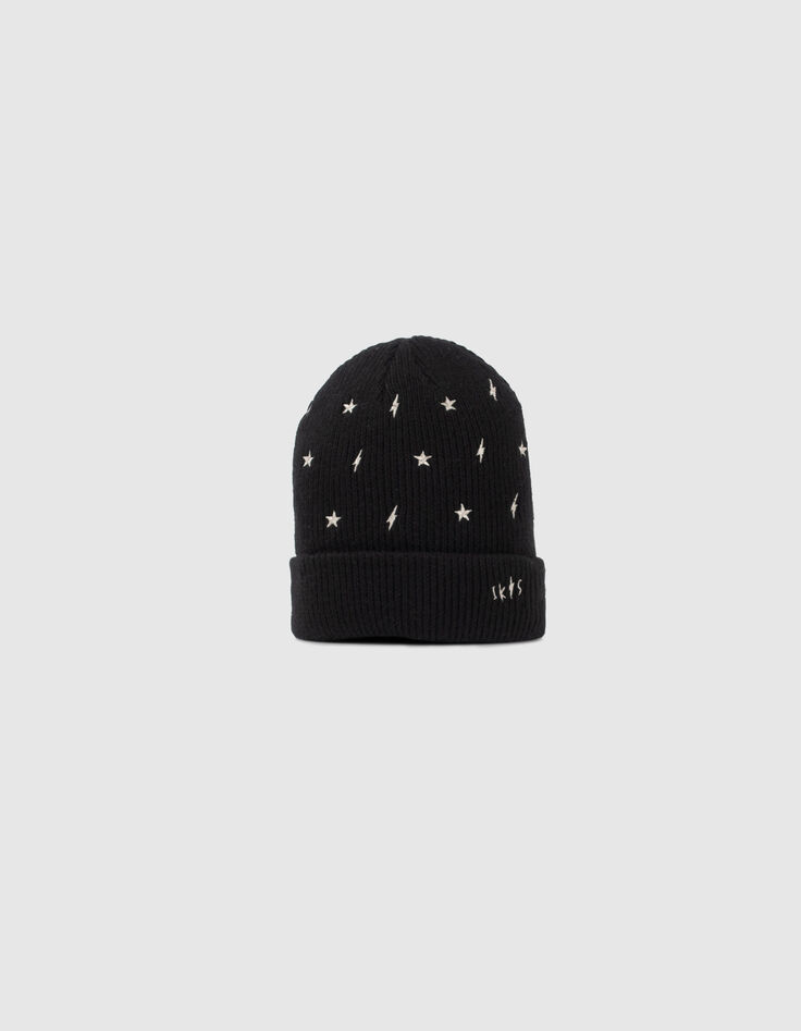 Bonnet noir tricot brodé étoiles et éclairs dorés fille-1
