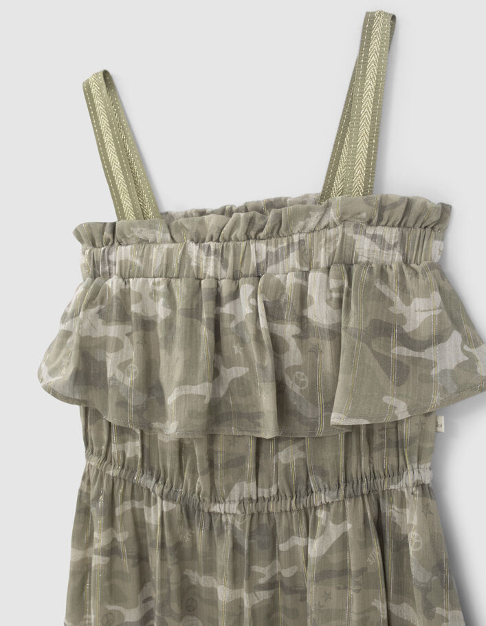 Khaki Mädchenkleid mit Camouflageprint und Streifen - IKKS