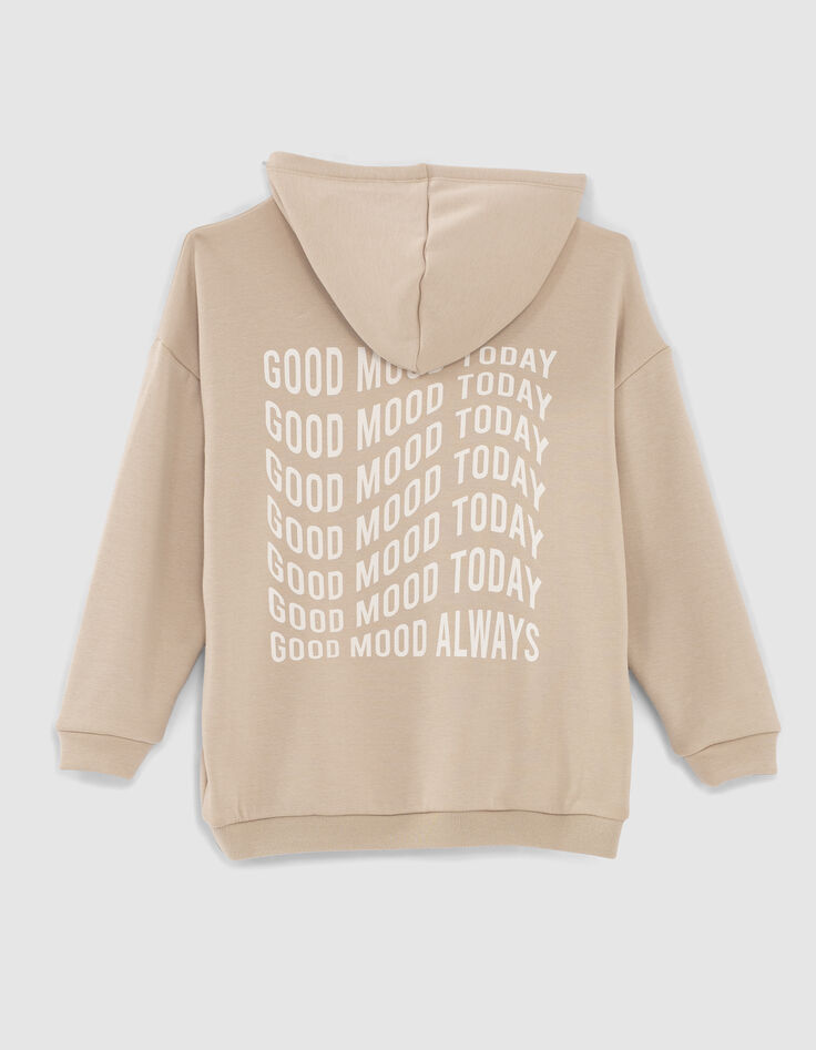 Lichtbeige sweater met kap en geborduurde tekst meisjes-4