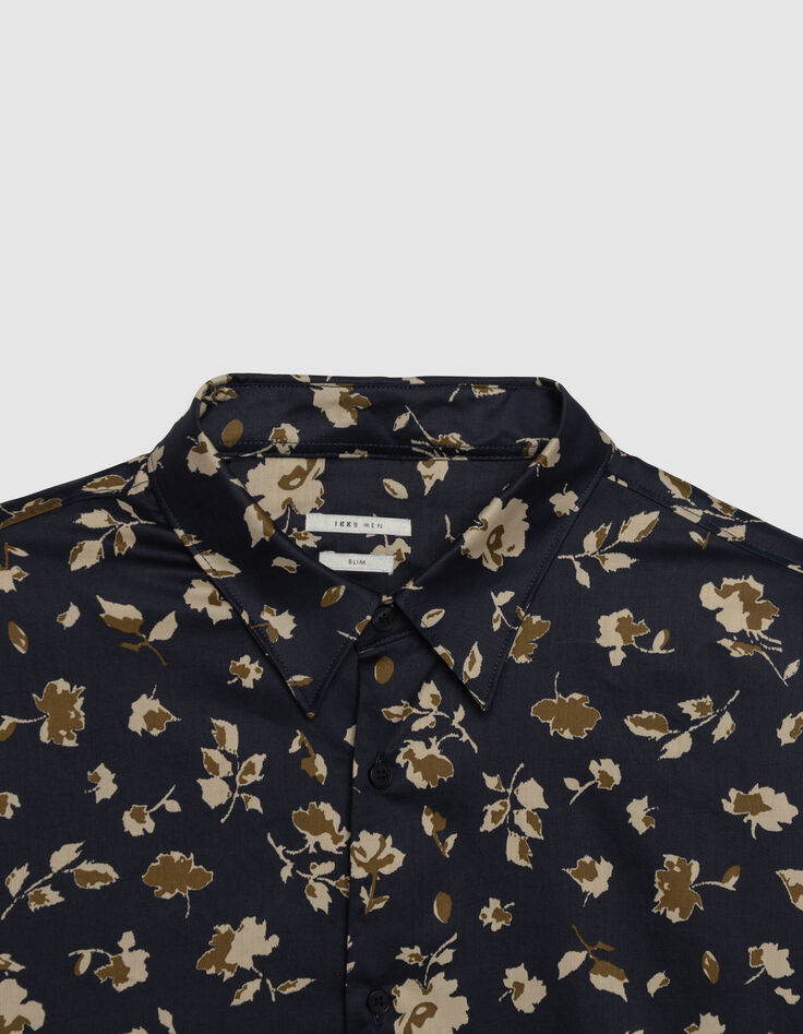 Marineblaues SLIM-Herrenhemd beiger Blumenprint-6