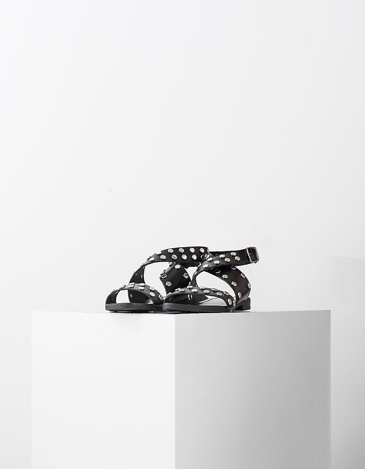 Women's black studded flat leather sandals-3
